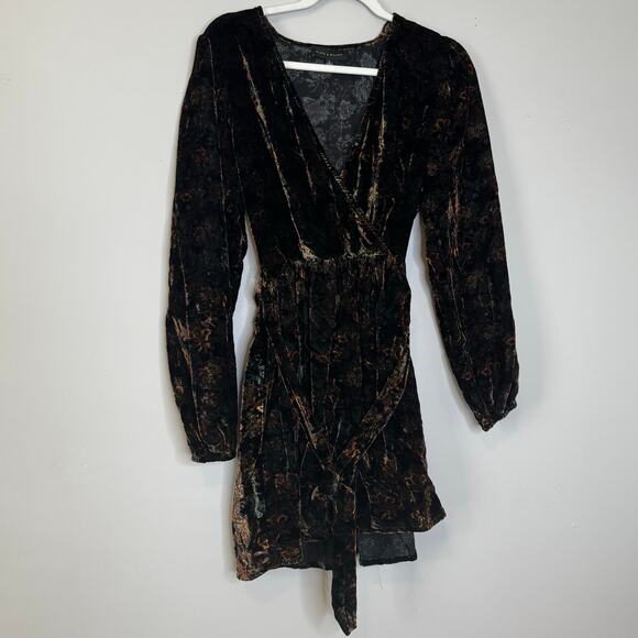 Slate & Willow Brown Floral Velvet Tie Dress Long Sleeve V-Neck Size S - Picture 3 of 11